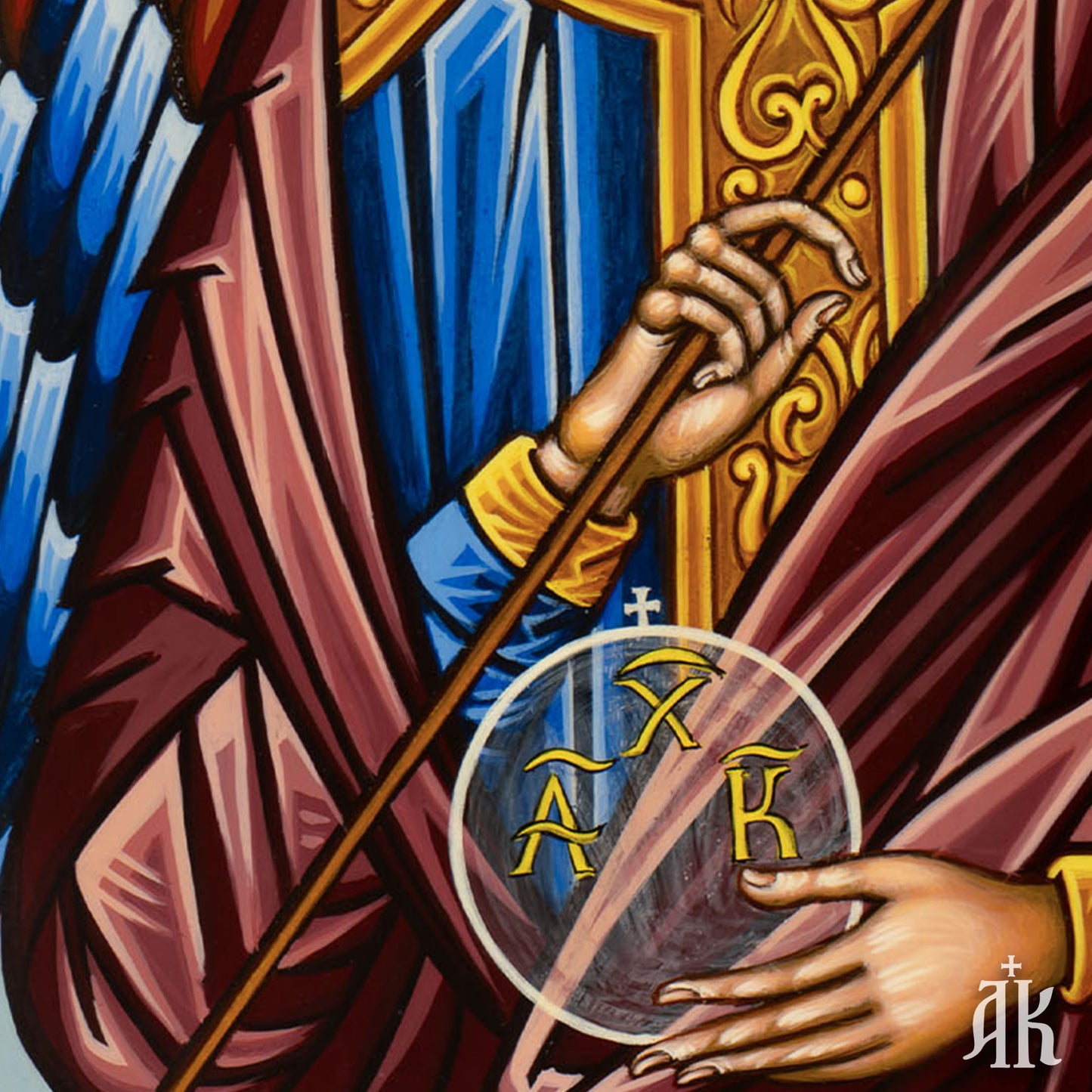 Close detail of brushwork and decorative elements in Archangel Gabriel Byzantine icon, highlighting traditional egg tempera technique