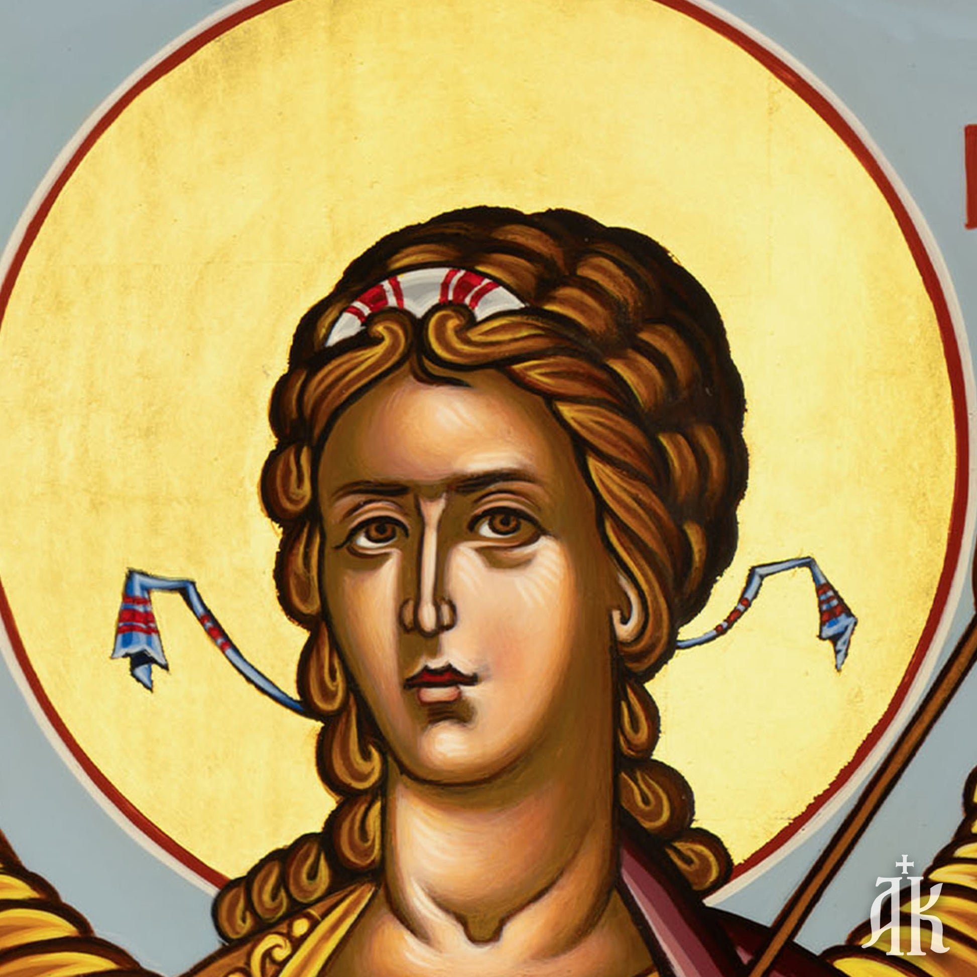 Close-up detail of Archangel Gabriel face in Byzantine icon, showing serene expression and refined traditional iconography