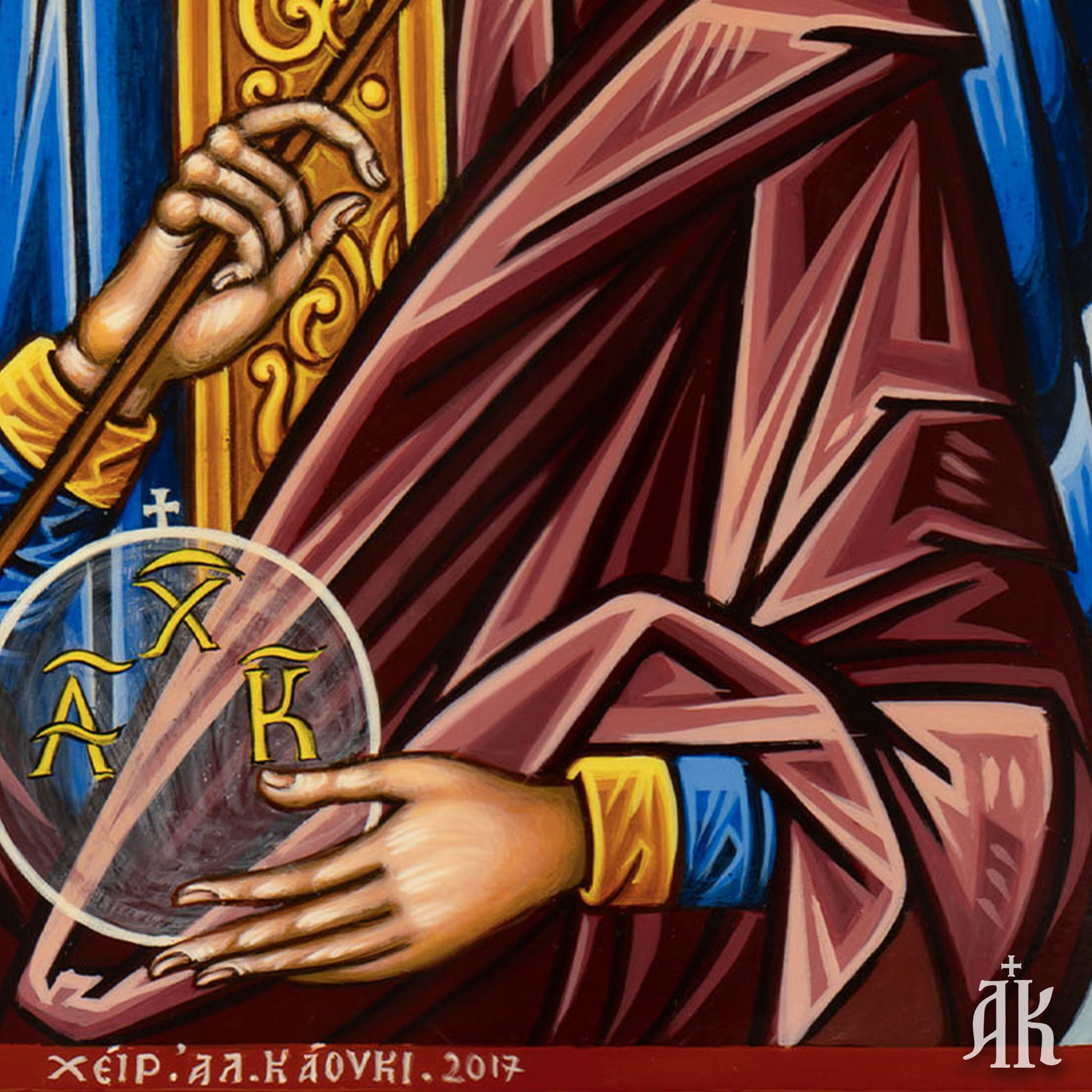 Iconographer signature on Archangel Gabriel handmade Byzantine icon by Alexandra Kaouki, confirming authenticity and craftsmanship