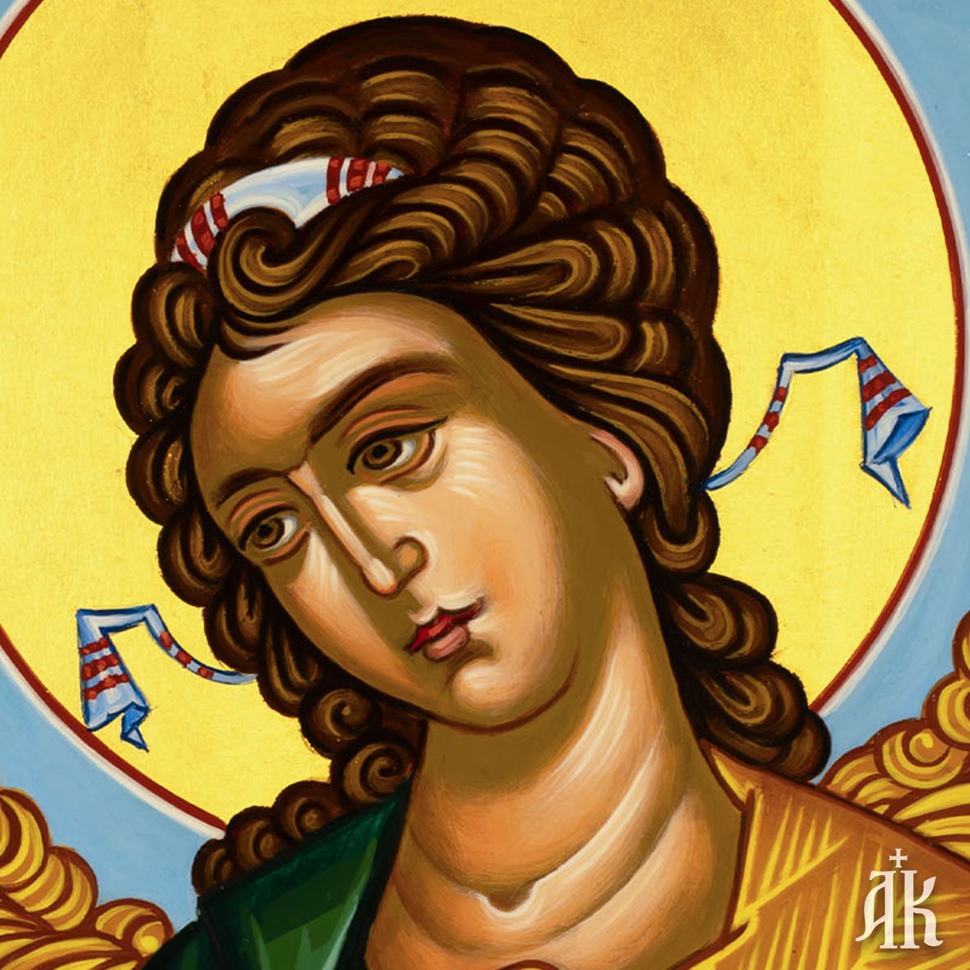 Close-up detail of Archangel Gabriel face in Byzantine icon, expressing calmness and spiritual presence