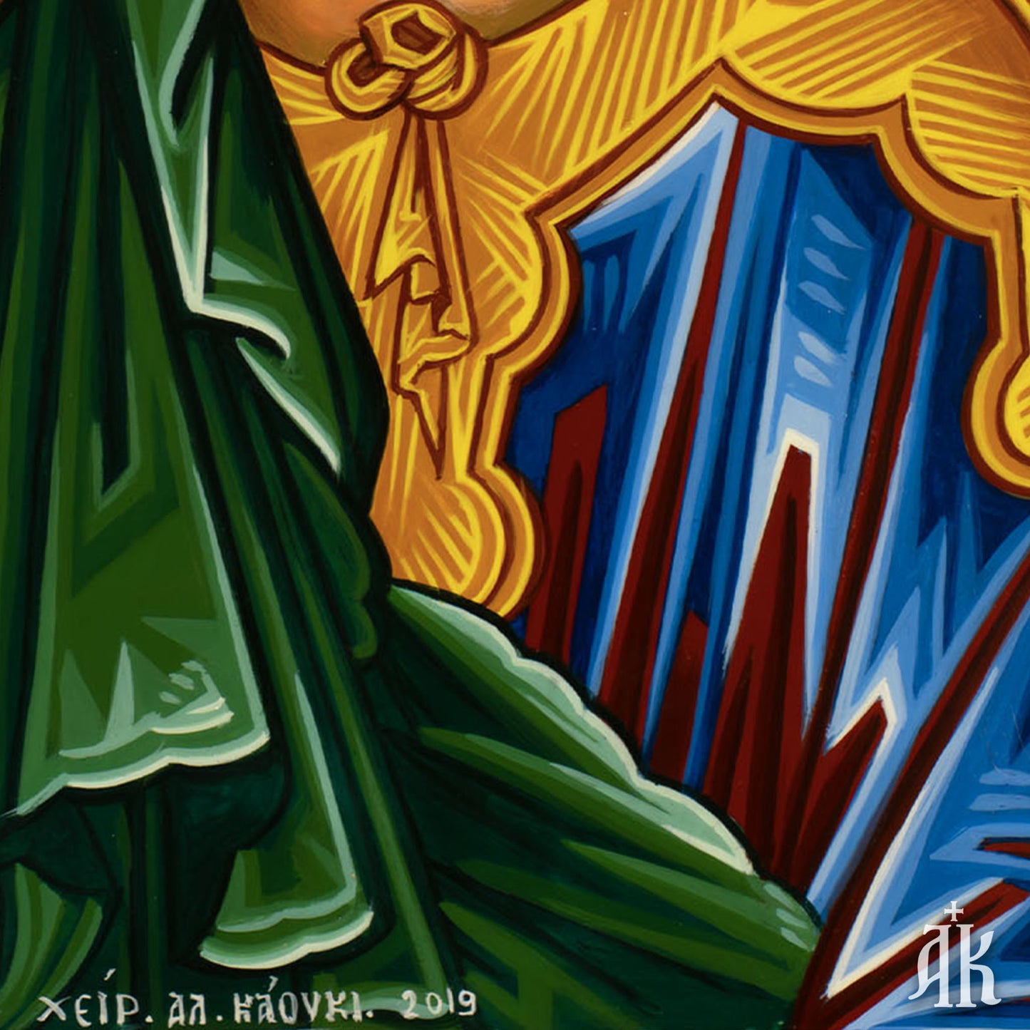 Iconographer signature on Archangel Gabriel the Messenger handmade Byzantine icon by Alexandra Kaouki, confirming authenticity and craftsmanship