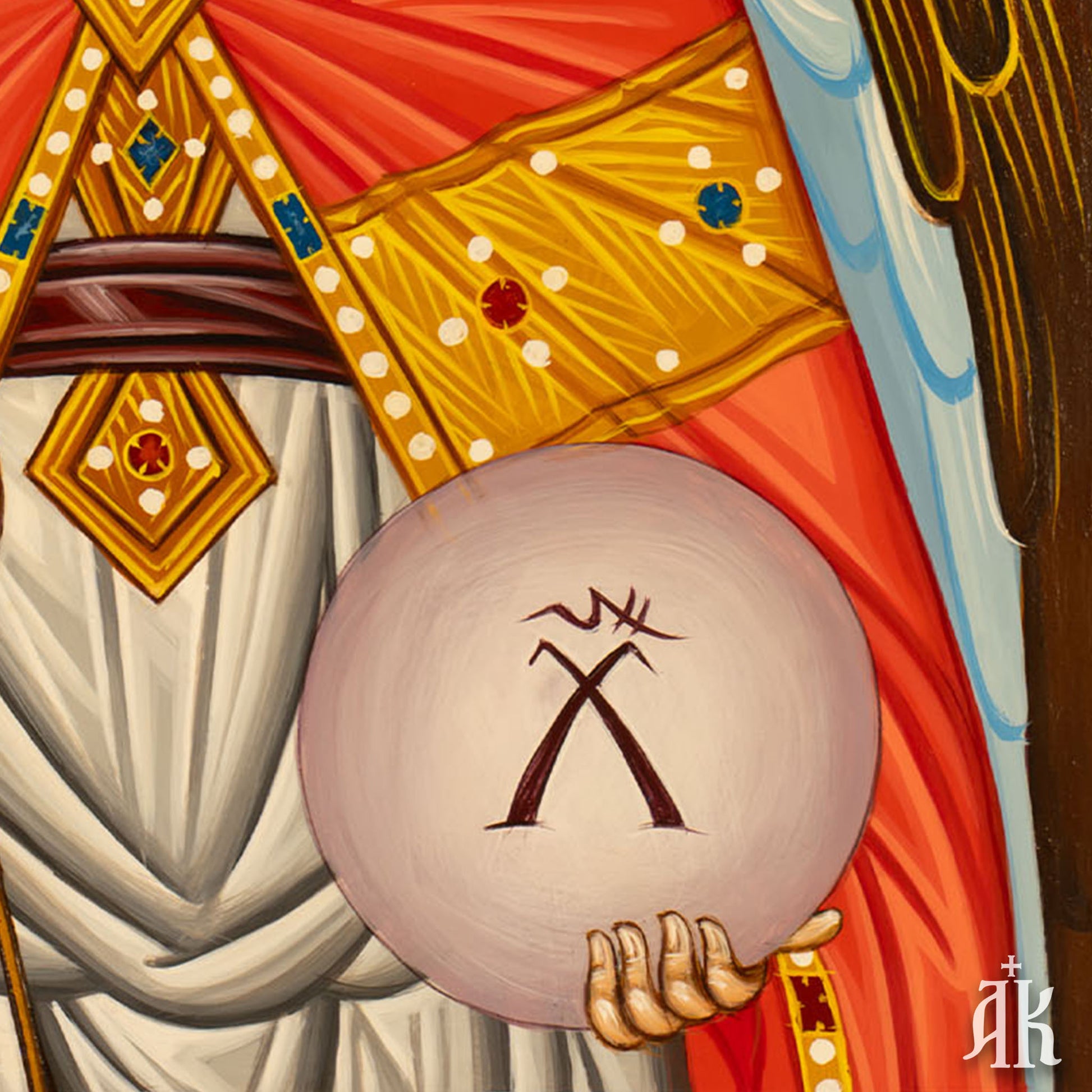 Close detail of brushwork and ornamental elements in Archangel Michael Byzantine icon, highlighting traditional egg tempera technique