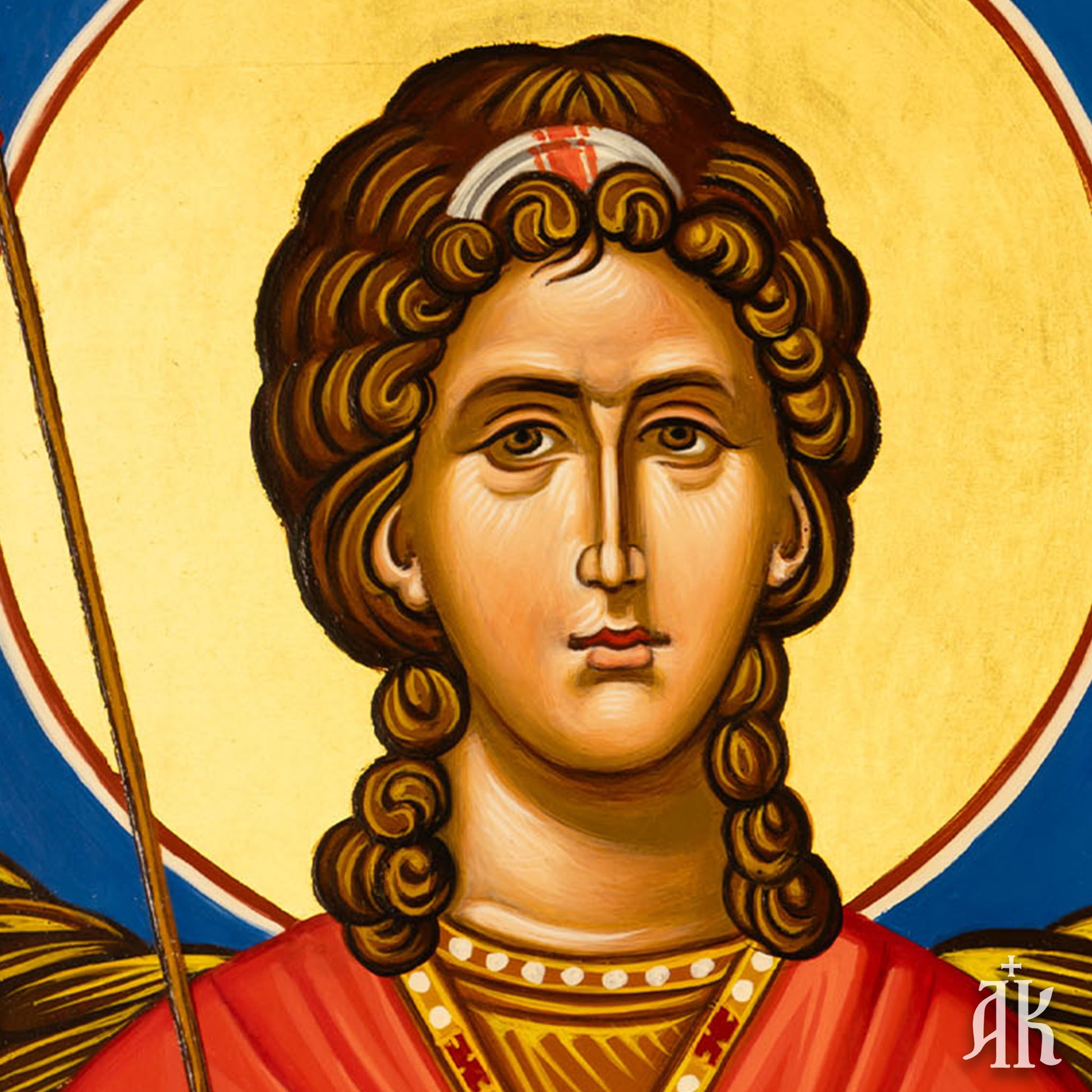 Close-up detail of Archangel Michael face in Byzantine icon, showing strong expression and refined traditional iconography