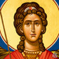 Close-up detail of Archangel Michael face in Byzantine icon, showing strong expression and refined traditional iconography