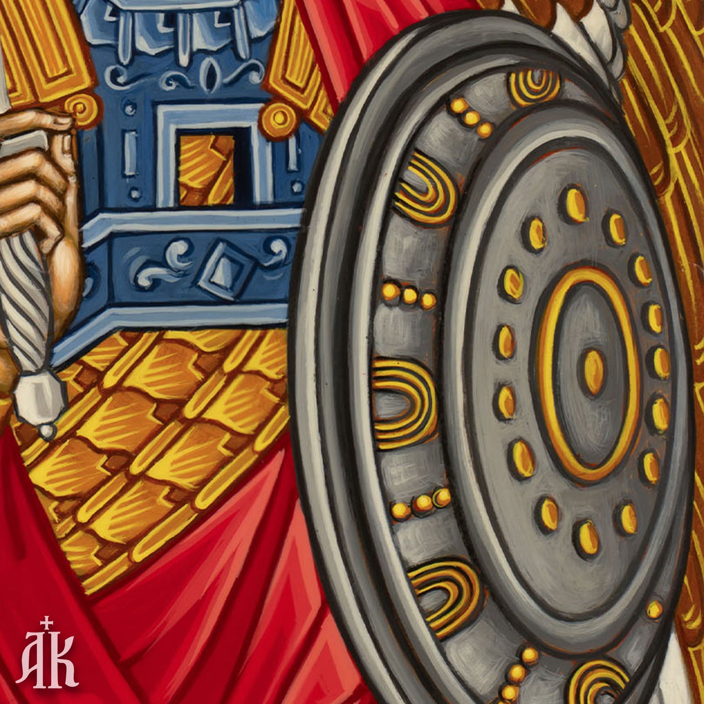 Close detail of sword and decorative elements in Archangel Michael Byzantine icon, highlighting fine brushwork and traditional egg tempera technique