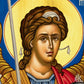 Close-up detail of Archangel Michael face in Byzantine icon, showing powerful expression and spiritual authority