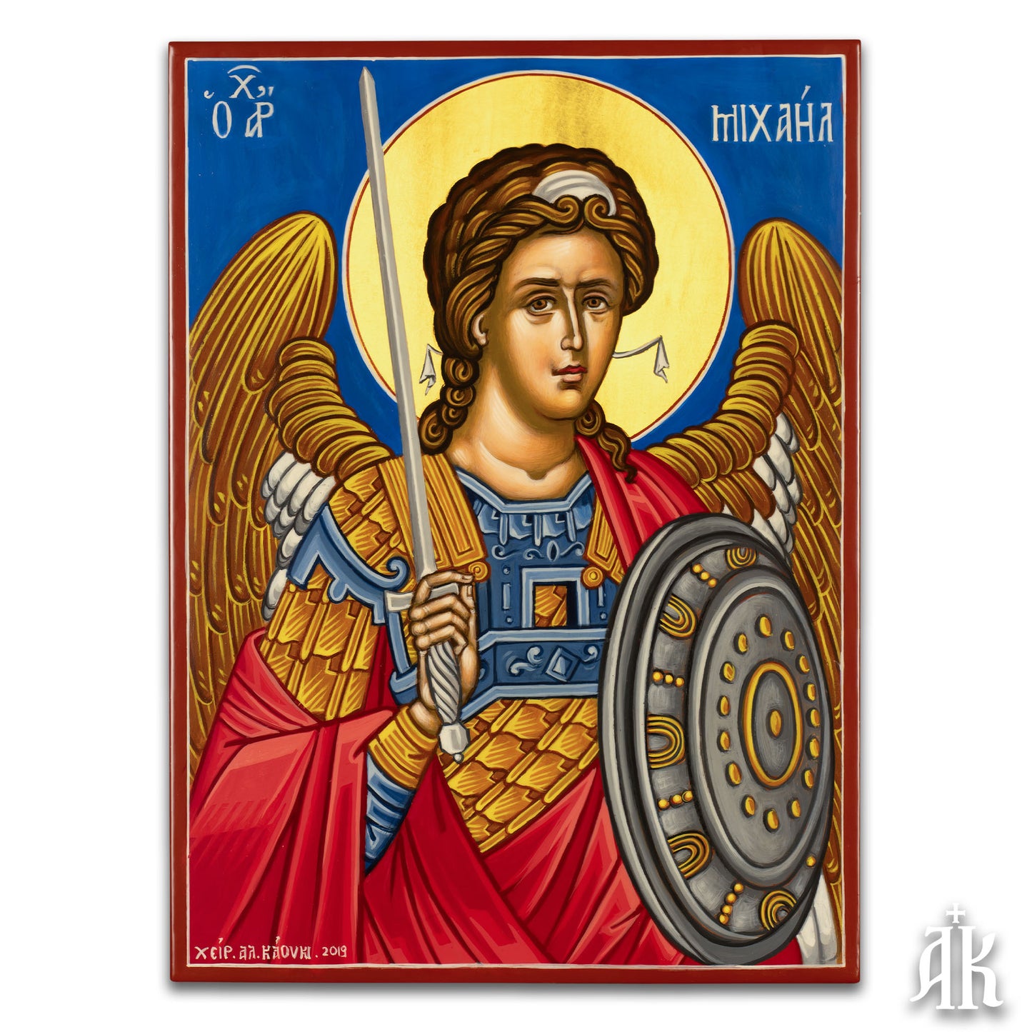 Archangel Michael with sword handmade Byzantine icon, symbolizing divine protection, justice, and spiritual warfare