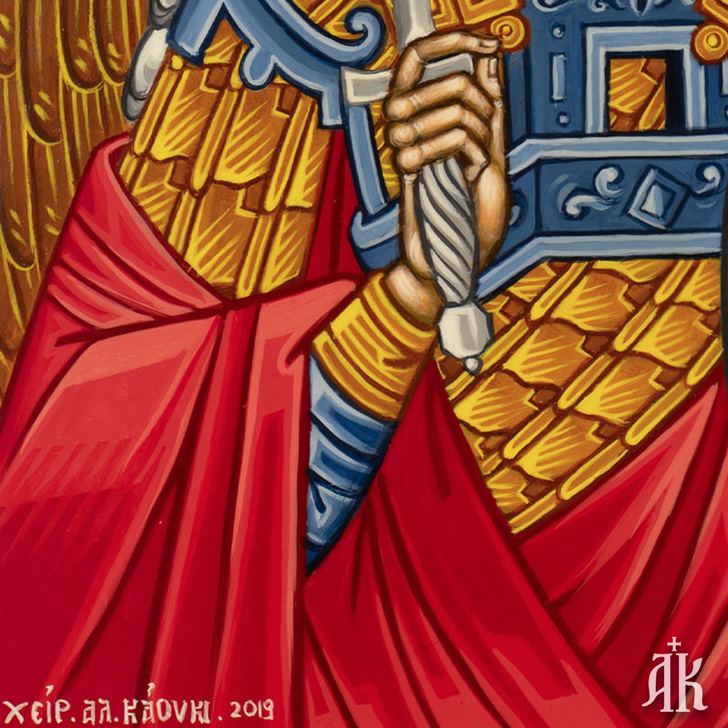 Iconographer signature on Archangel Michael with sword handmade Byzantine icon, confirming authenticity and craftsmanship