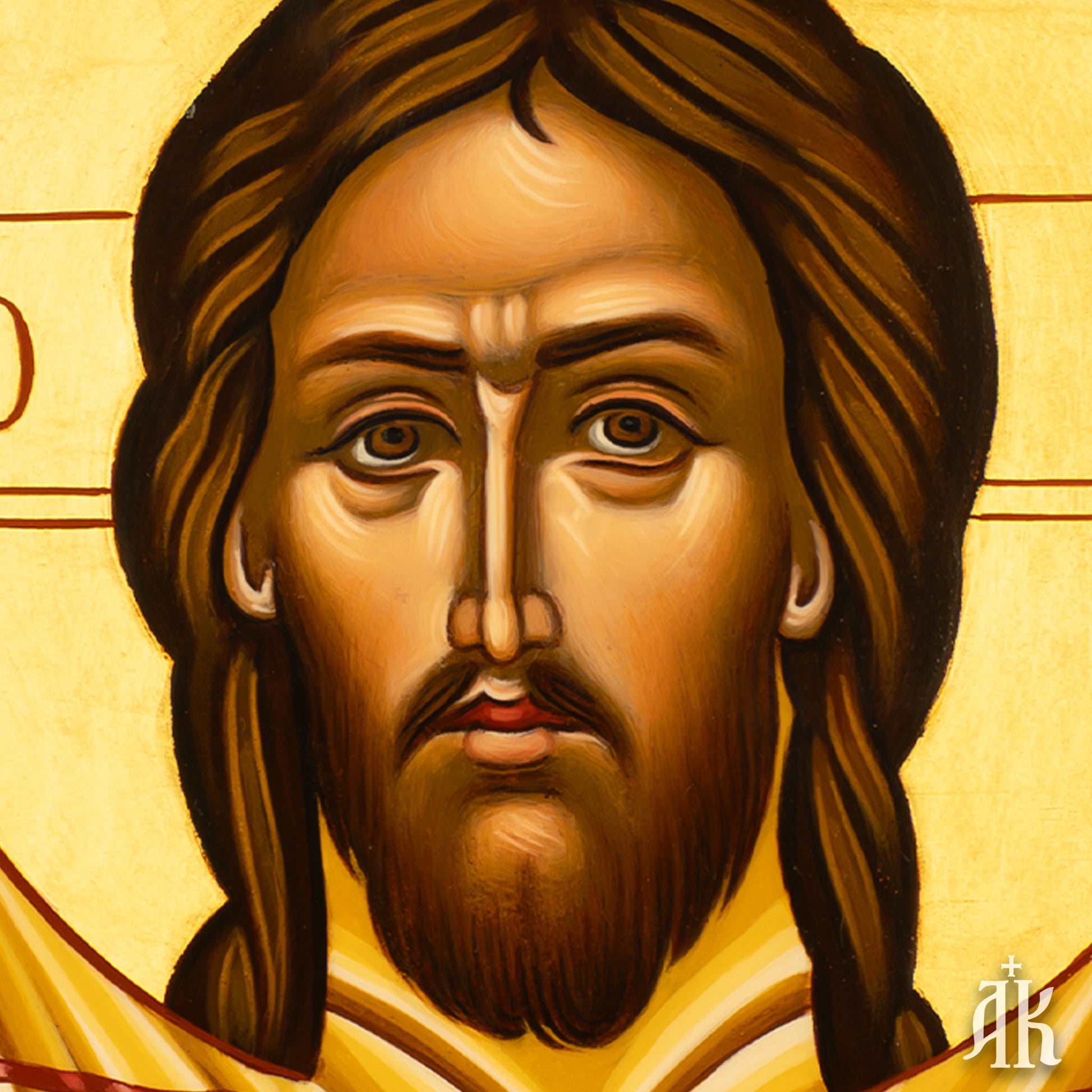 Close-up detail of Christ face in Holy Mandylion acheiropoietos Byzantine icon, showing solemn expression and sacred presence