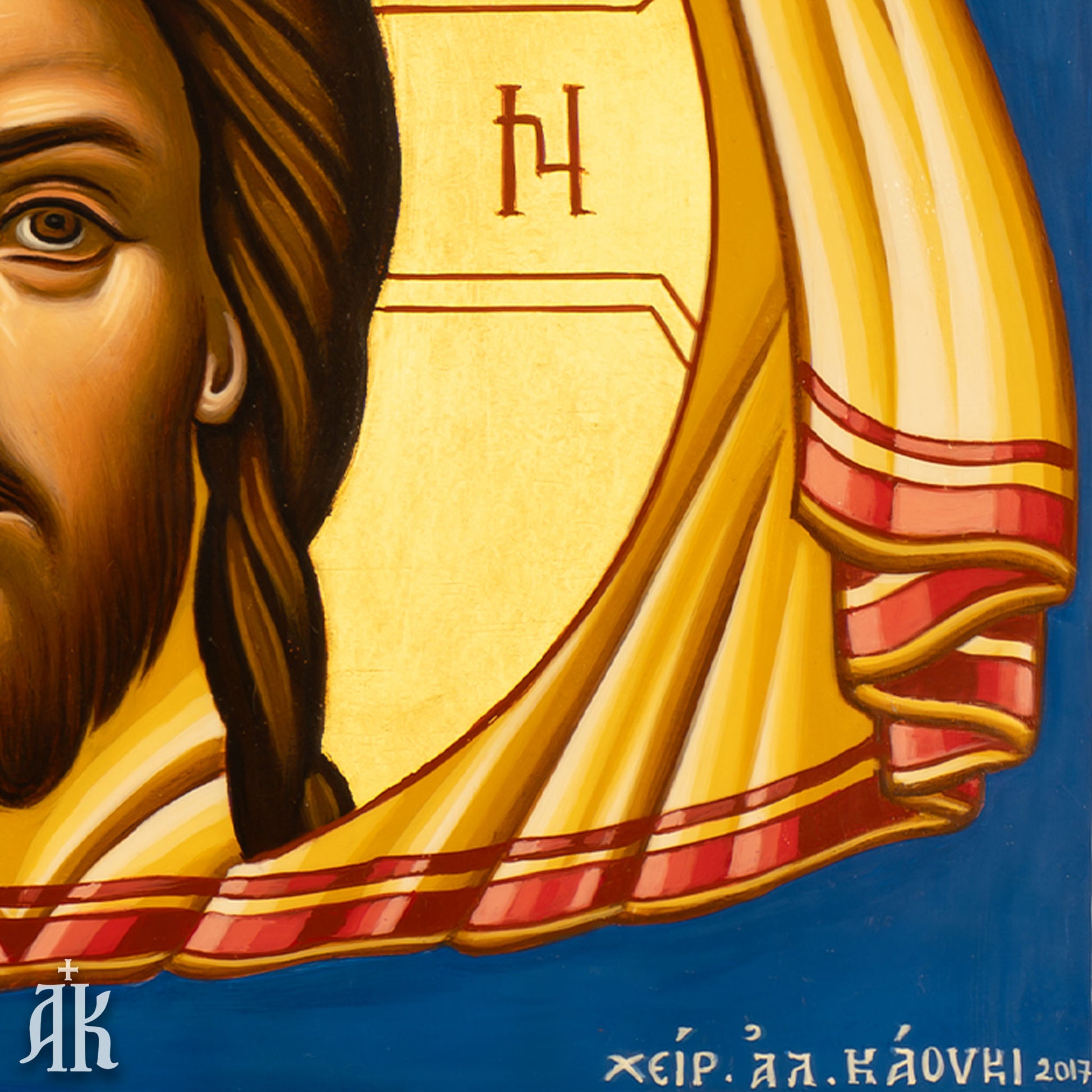 Iconographer signature on Christ Holy Mandylion acheiropoietos handmade Byzantine icon by Alexandra Kaouki, confirming authenticity and craftsmanship