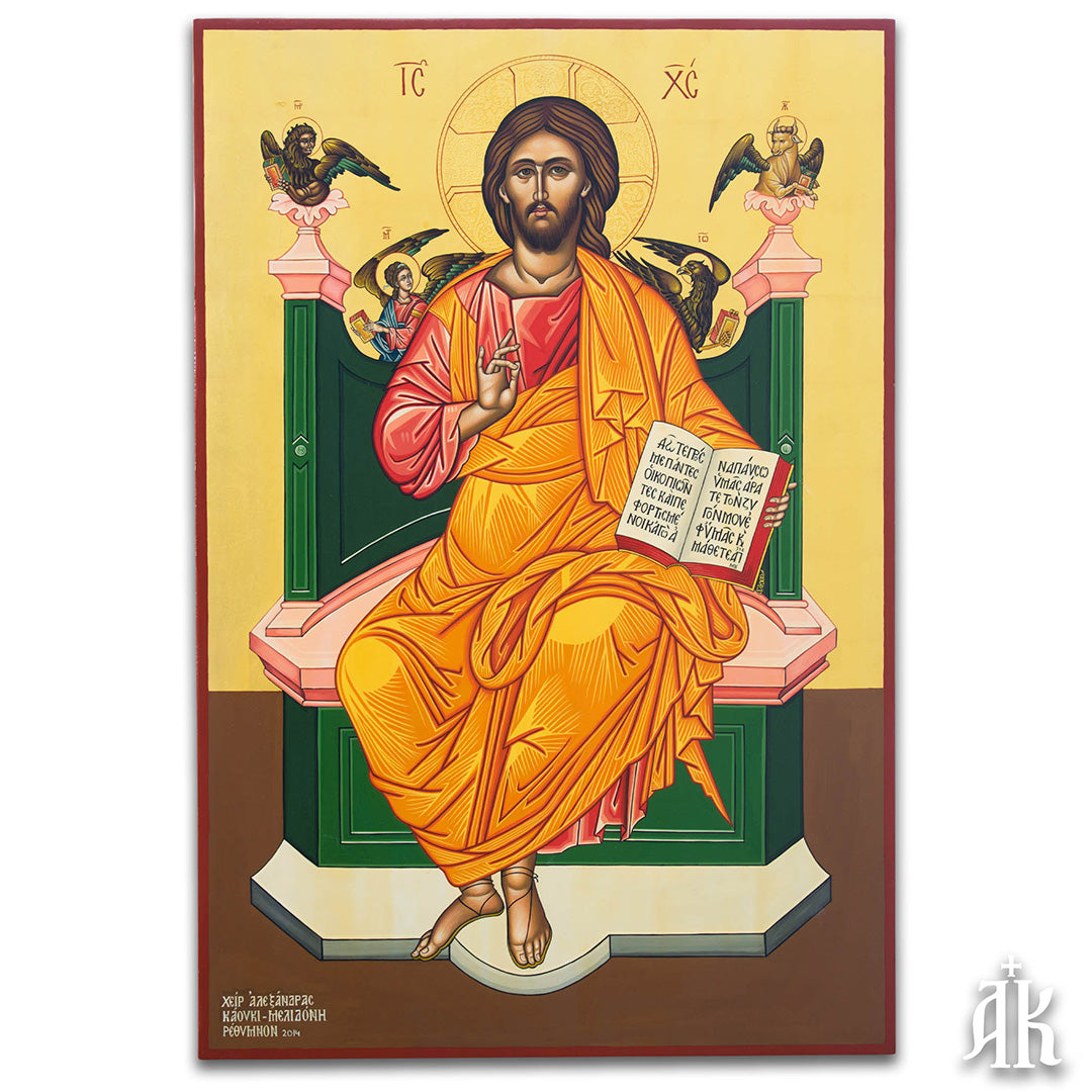 Christ Pantocrator Enthroned handmade Byzantine icon, symbolizing divine authority, kingship, and eternal judgment by Alexandra Kaouki