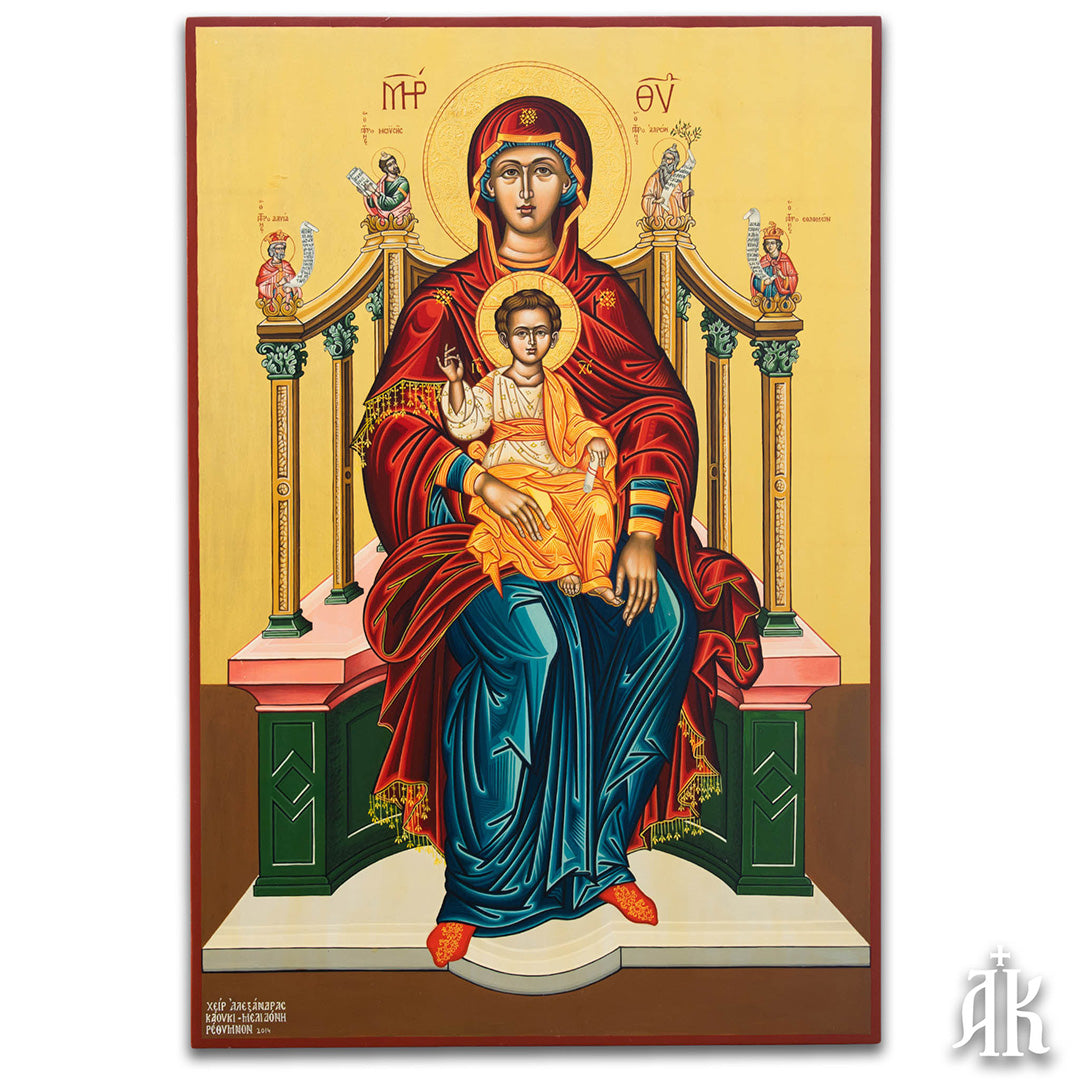 Enthroned Virgin Mary Theotokos handmade Byzantine icon, symbolizing divine motherhood, majesty, and the royal dignity of the Mother of God by Alexandra Kaouki
