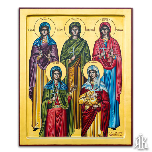 The Five Virgins handmade Byzantine icon, symbolizing spiritual vigilance, purity, and readiness for the Kingdom of Heaven by Alexandra Kaouki