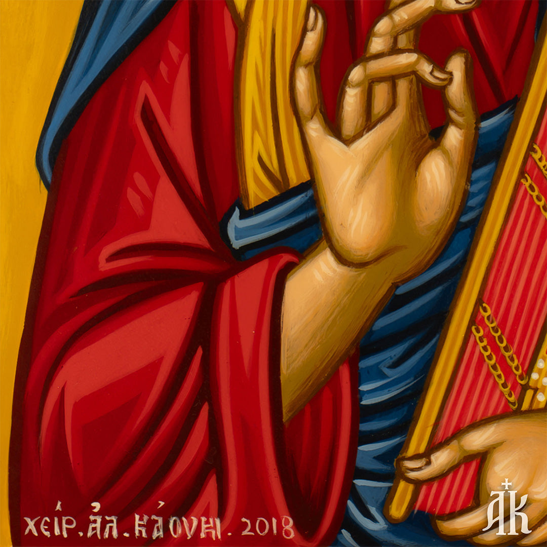 Iconographer signature on Jesus Christ Pantocrator handmade Byzantine icon by Alexandra Kaouki, confirming authenticity and craftsmanship
