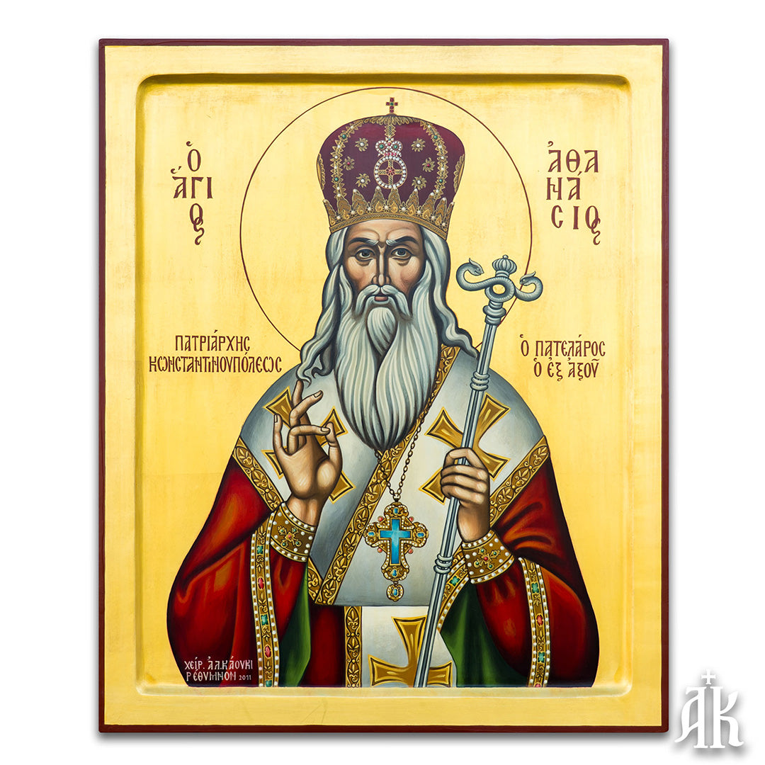 Saint Athanasios Patelaros handmade Byzantine icon, symbolizing faith, spiritual leadership, and dedication to the Orthodox tradition by Alexandra Kaouki