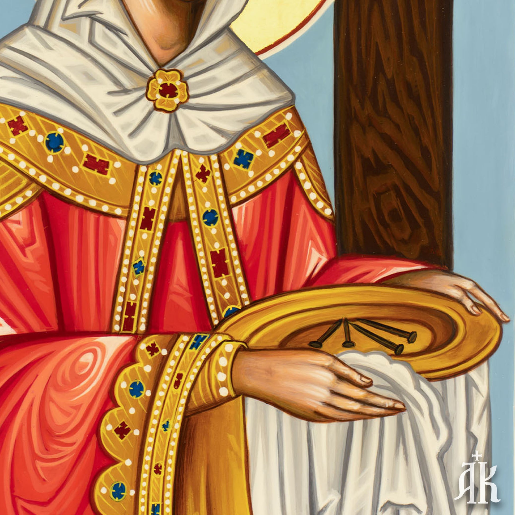 Signature of the iconographer on Saint Helen handmade Byzantine icon, confirming authenticity and craftsmanship