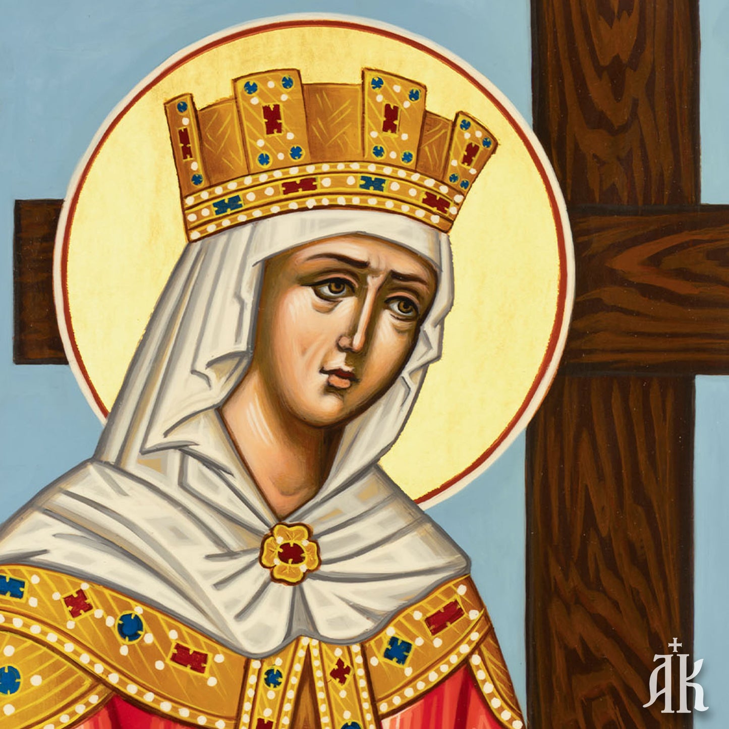 Close-up detail of Saint Helen face in handmade Byzantine icon, showing delicate expression and traditional iconographic style