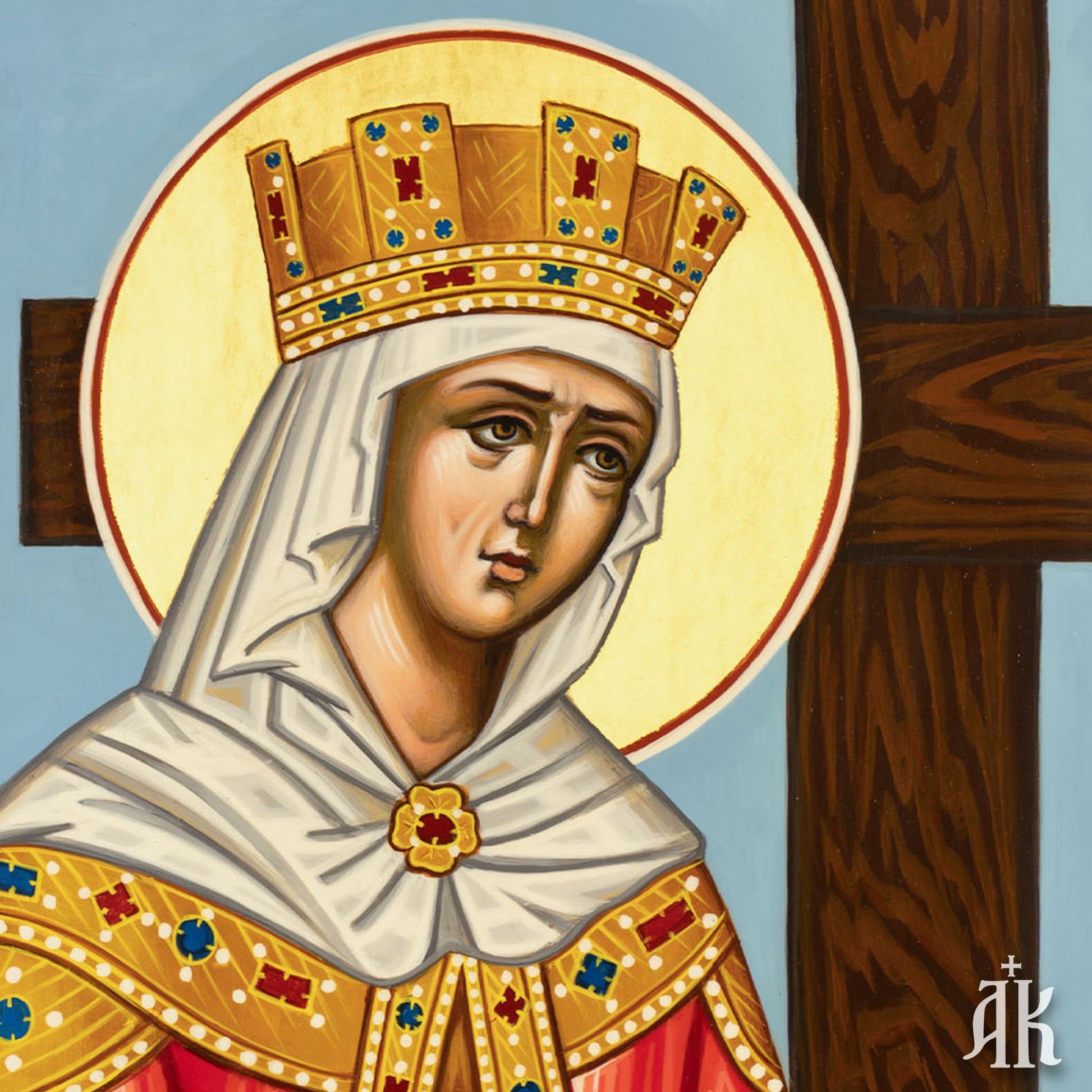Close-up detail of Saint Helen face in handmade Byzantine icon, showing delicate expression and traditional iconographic style