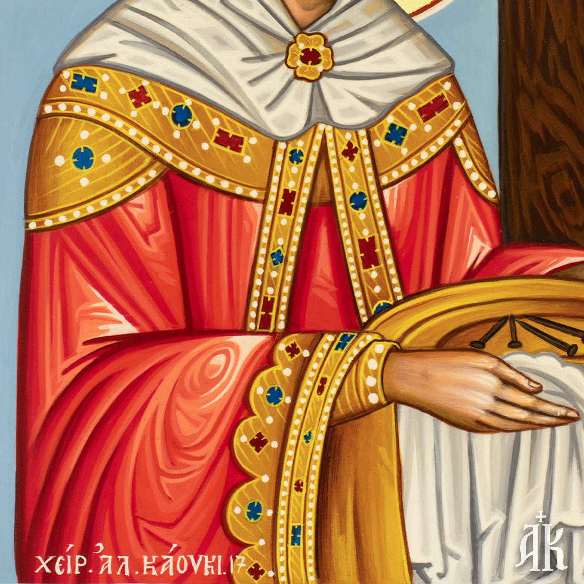 Signature of the iconographer on Saint Helen handmade Byzantine icon by Alexandra Kaouki, confirming authenticity and craftsmanship
