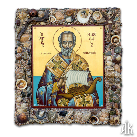 Saint Nicholas the Protector of Sailors handmade Byzantine icon, symbolizing guidance, protection at sea, and compassionate care for travelers by Alexandra Kaouki