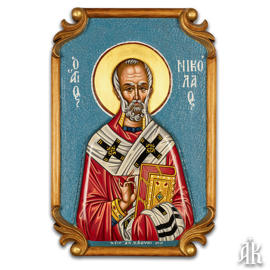 Saint Nicholas the Wonderworker handmade Byzantine icon, symbolizing compassion, protection, and miraculous intervention by Alexandra Kaouki