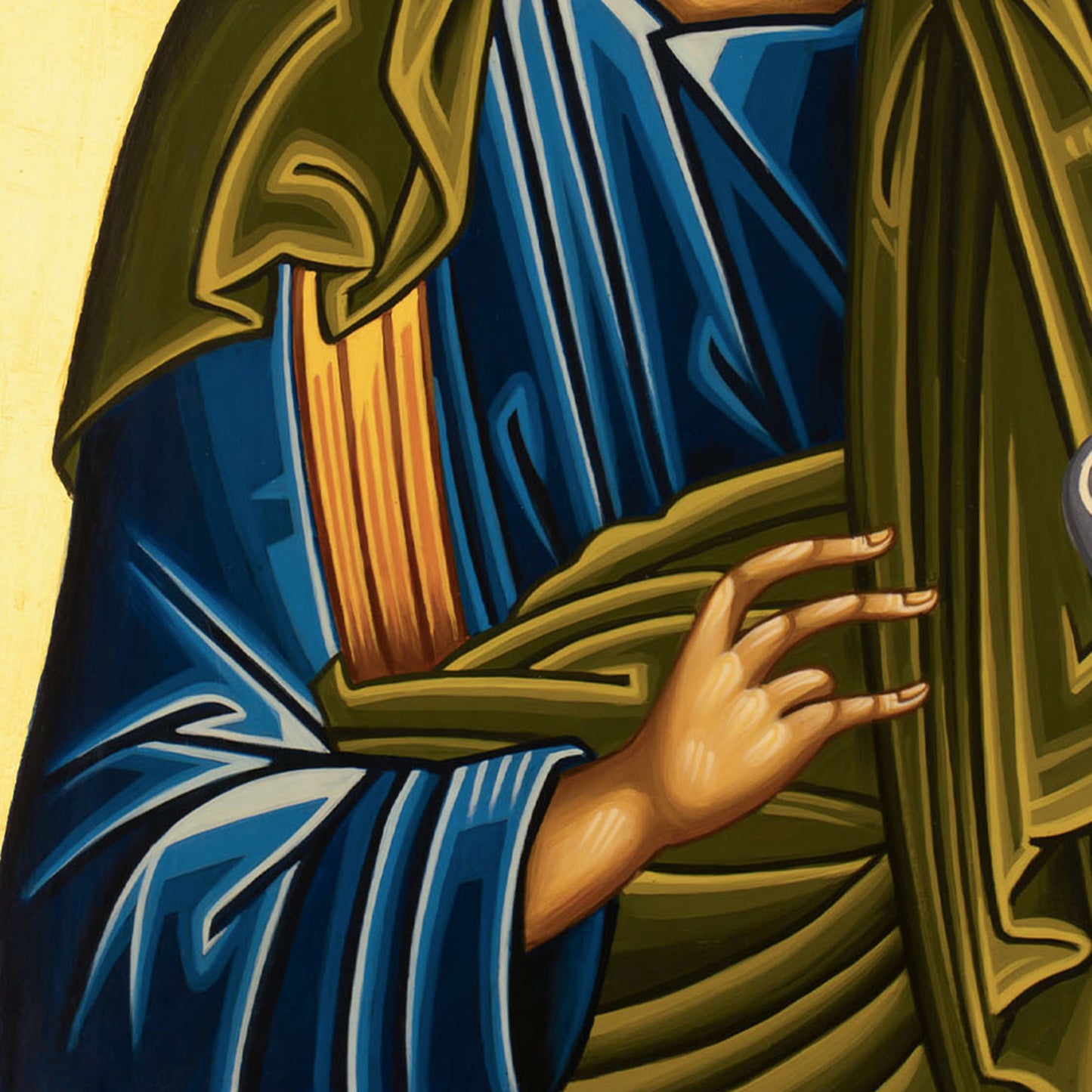 Close detail of hand gesture and iconographic elements in Saint Peter the Apostle Byzantine icon, highlighting traditional egg tempera technique