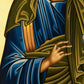 Close detail of hand gesture and iconographic elements in Saint Peter the Apostle Byzantine icon, highlighting traditional egg tempera technique