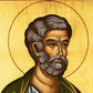 Close-up detail of Saint Peter the Apostle face in Byzantine icon, showing strong expression and spiritual authority