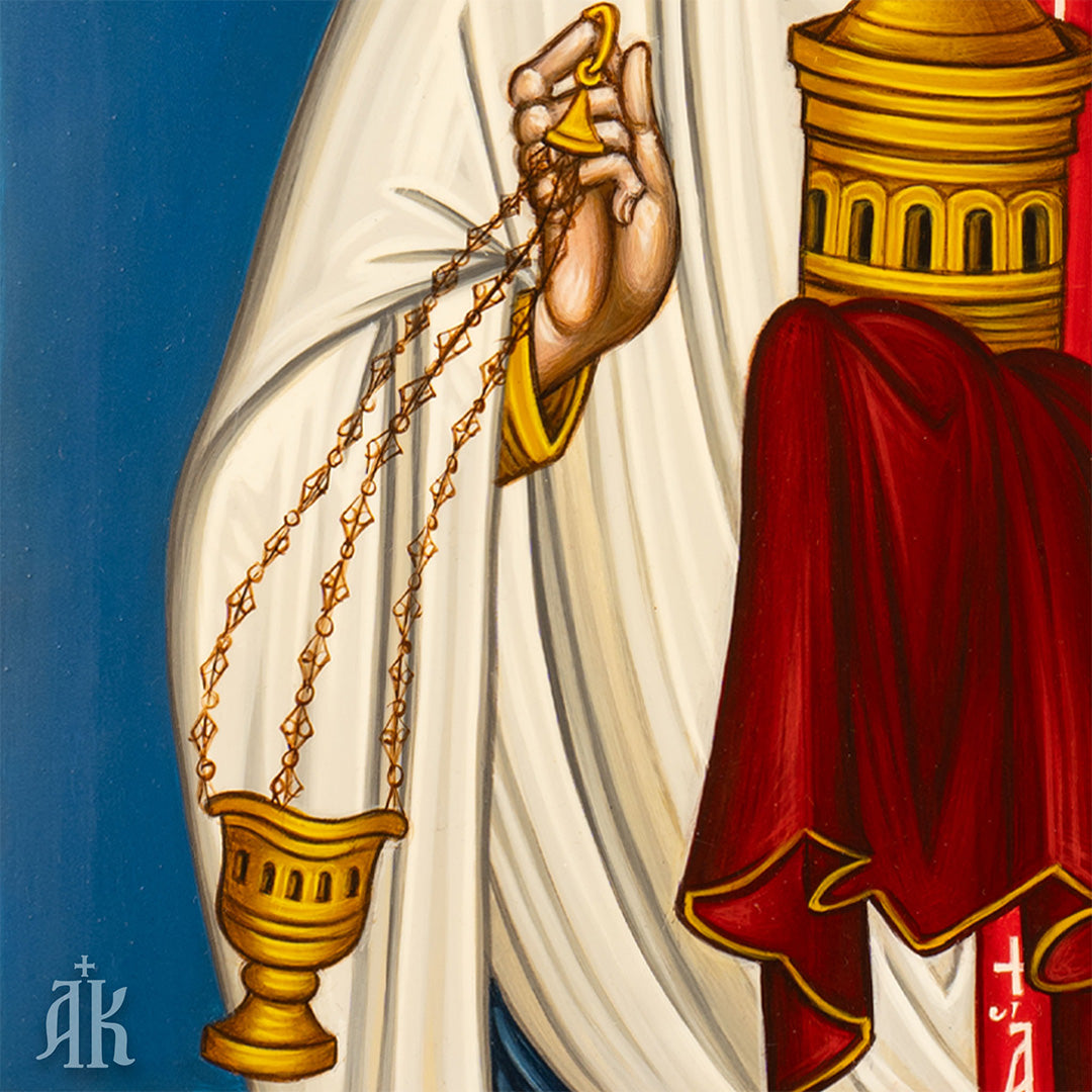 Close detail of vestments and decorative elements in Saint Stephen the Protomartyr Byzantine icon, highlighting traditional egg tempera technique