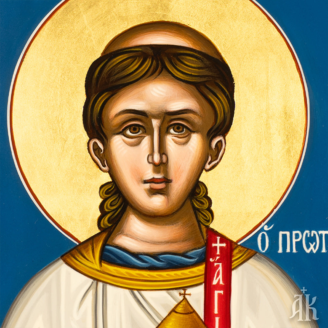 Close-up detail of Saint Stephen the Protomartyr face in Byzantine icon, showing youthful expression and spiritual devotion