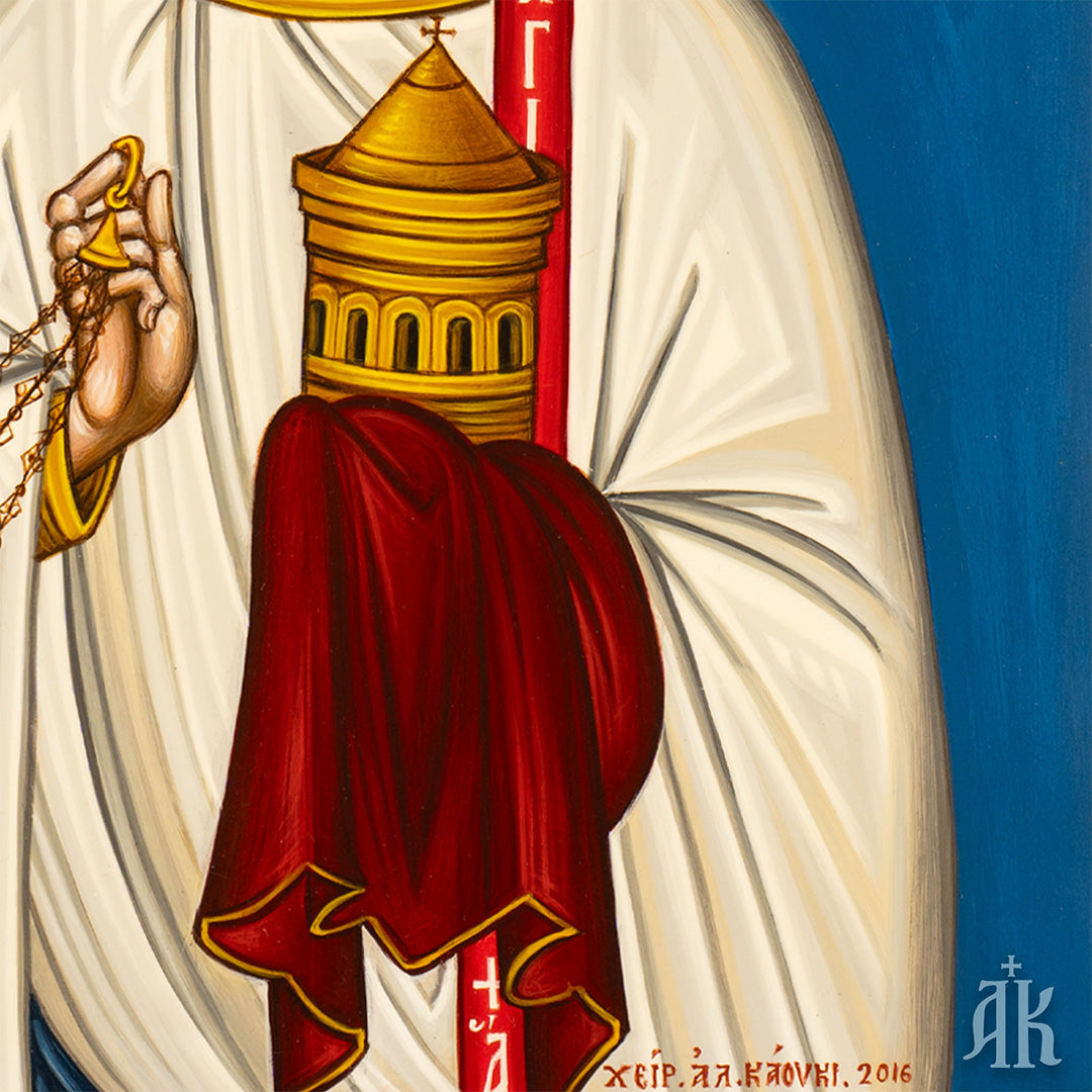 Iconographer signature on Saint Stephen the Protomartyr handmade Byzantine icon by Alexandra Kaouki, confirming authenticity and craftsmanship