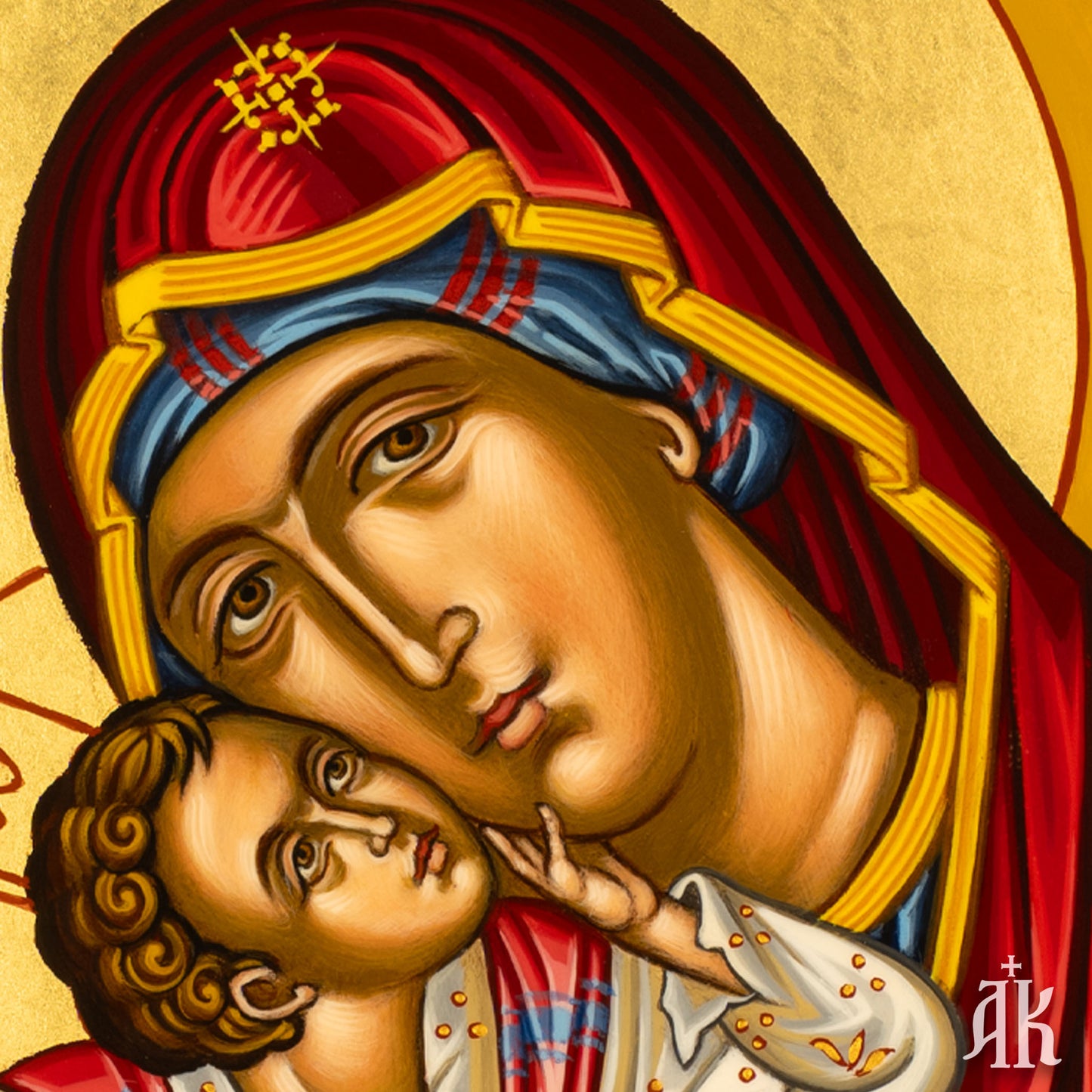 Close-up detail of Virgin Mary and Christ child faces in Eleousa Glykophilousa Byzantine icon, expressing deep tenderness and maternal affection