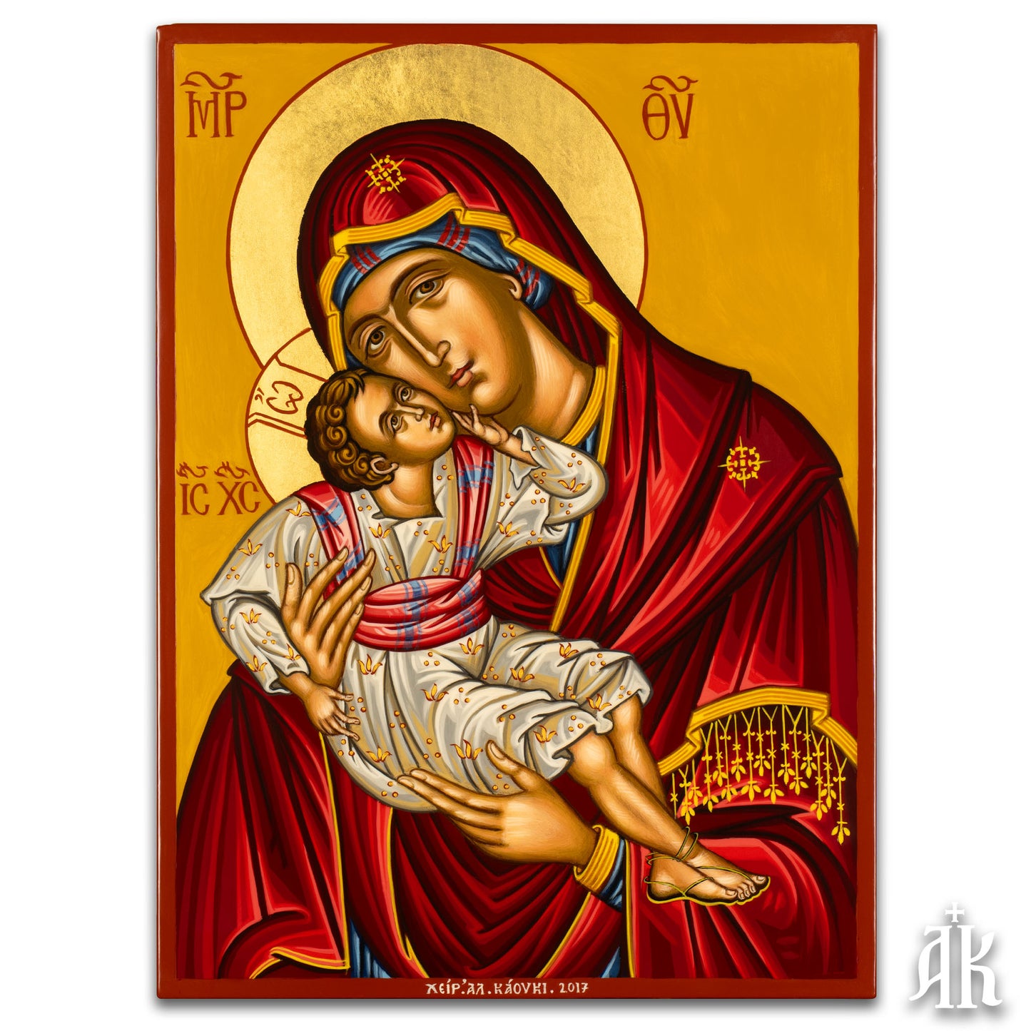 Virgin Mary Eleousa Glykophilousa handmade Byzantine icon, depicting tender love between the Theotokos and Christ child in traditional iconography