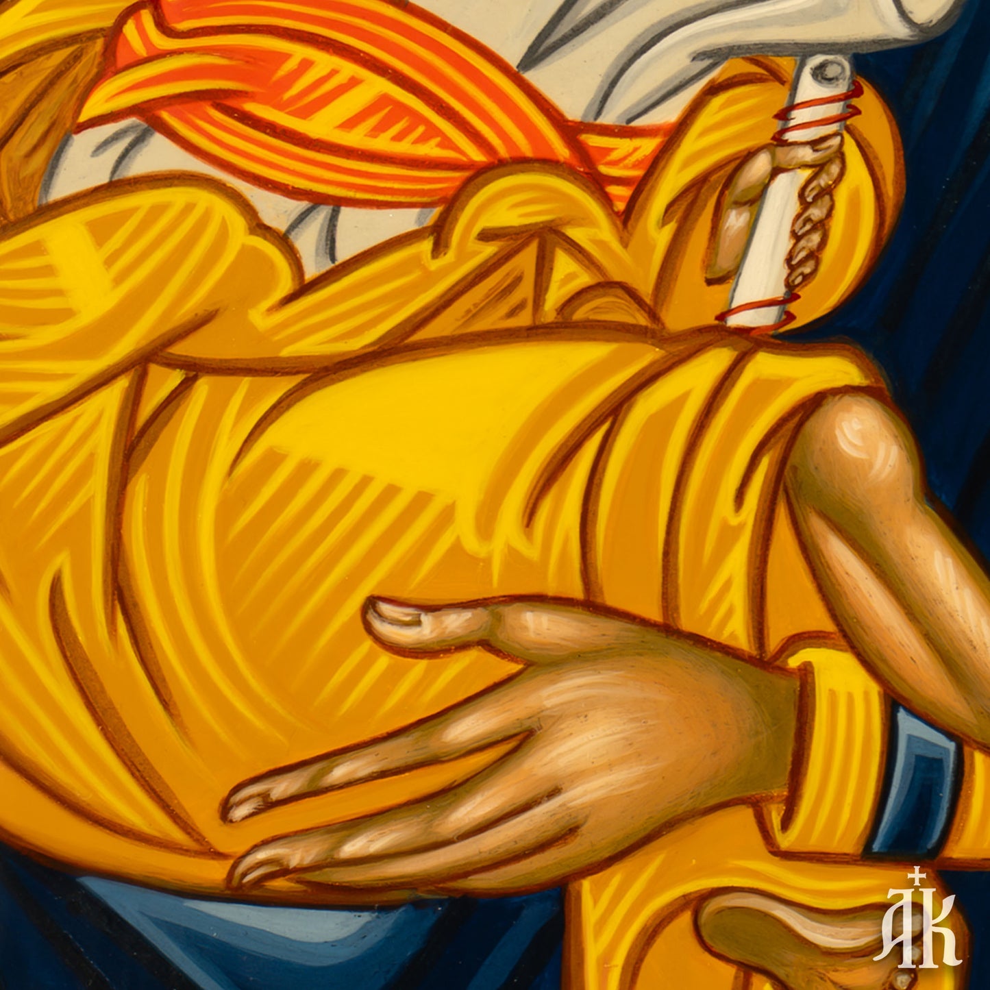 Detailed view in Virgin Mary Eleousa traditional Byzantine icon, highlighting fine brushwork and egg tempera technique