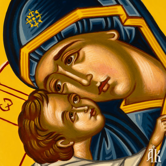 Close-up detail of Virgin Mary and Christ child faces in Eleousa traditional Byzantine icon, expressing tenderness and sacred intimacy