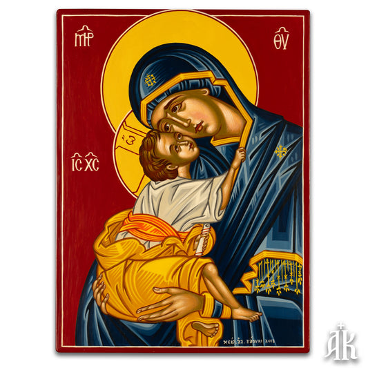 Virgin Mary Eleousa traditional style handmade Byzantine icon, depicting the Theotokos with Christ child in a classic Cretan School composition