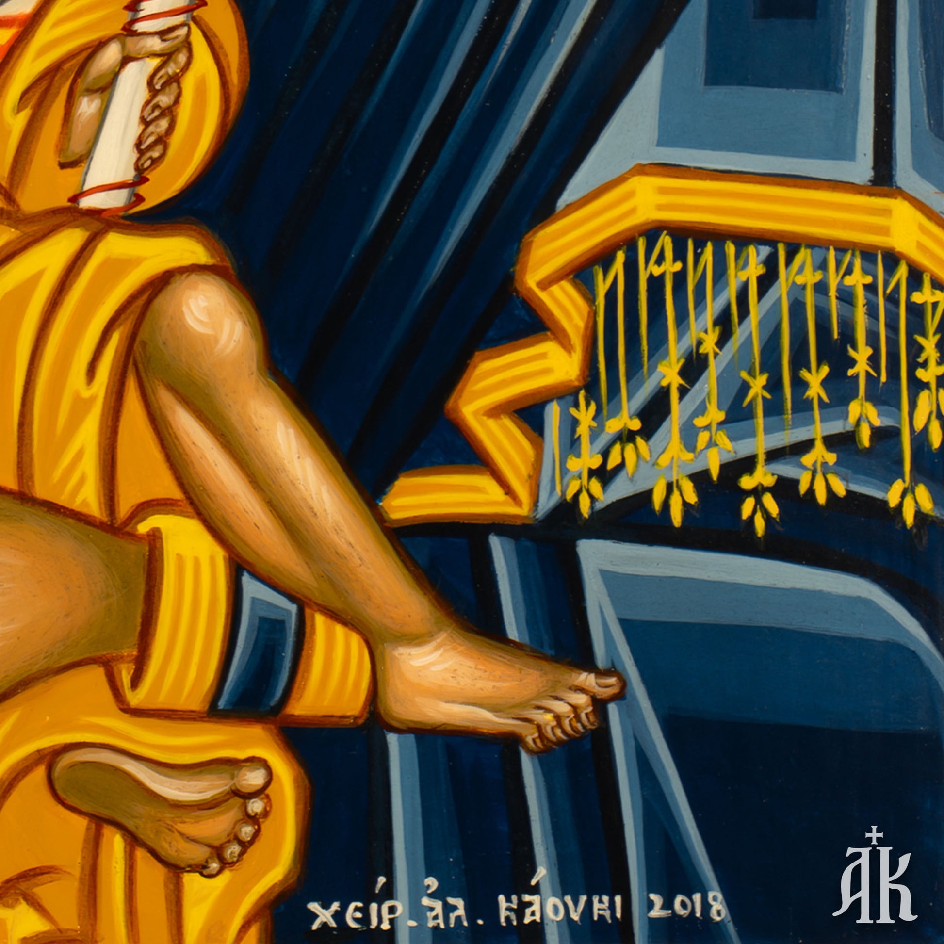 Iconographer signature on Virgin Mary Eleousa traditional handmade Byzantine icon by Alexandra Kaouki, confirming authenticity and craftsmanship