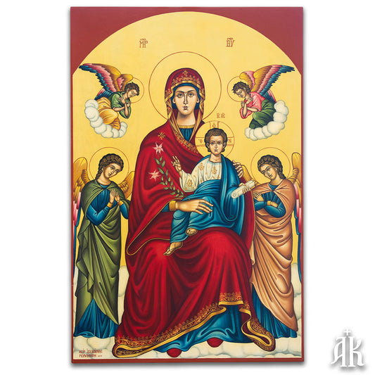 Virgin Mary Panagia of the Angels handmade Byzantine icon, symbolizing heavenly protection, grace, and the presence of angels around the Theotokos by Alexandra Kaouki
