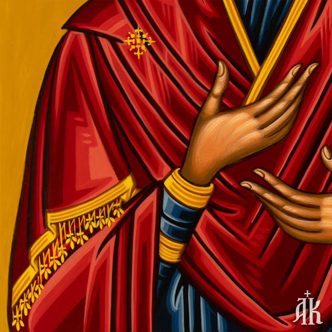Close detail of brushwork and decorative elements in Virgin Mary Theotokos Byzantine icon, highlighting traditional egg tempera technique