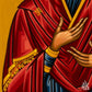 Close detail of brushwork and decorative elements in Virgin Mary Theotokos Byzantine icon, highlighting traditional egg tempera technique