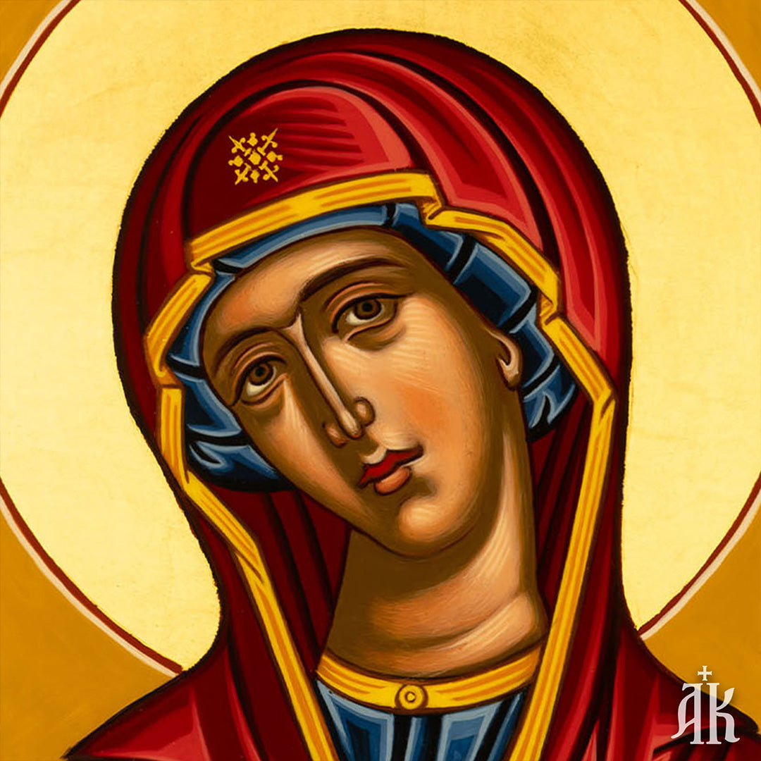 Close-up detail of Virgin Mary Theotokos face in Byzantine icon, expressing calmness, compassion, and sacred dignity