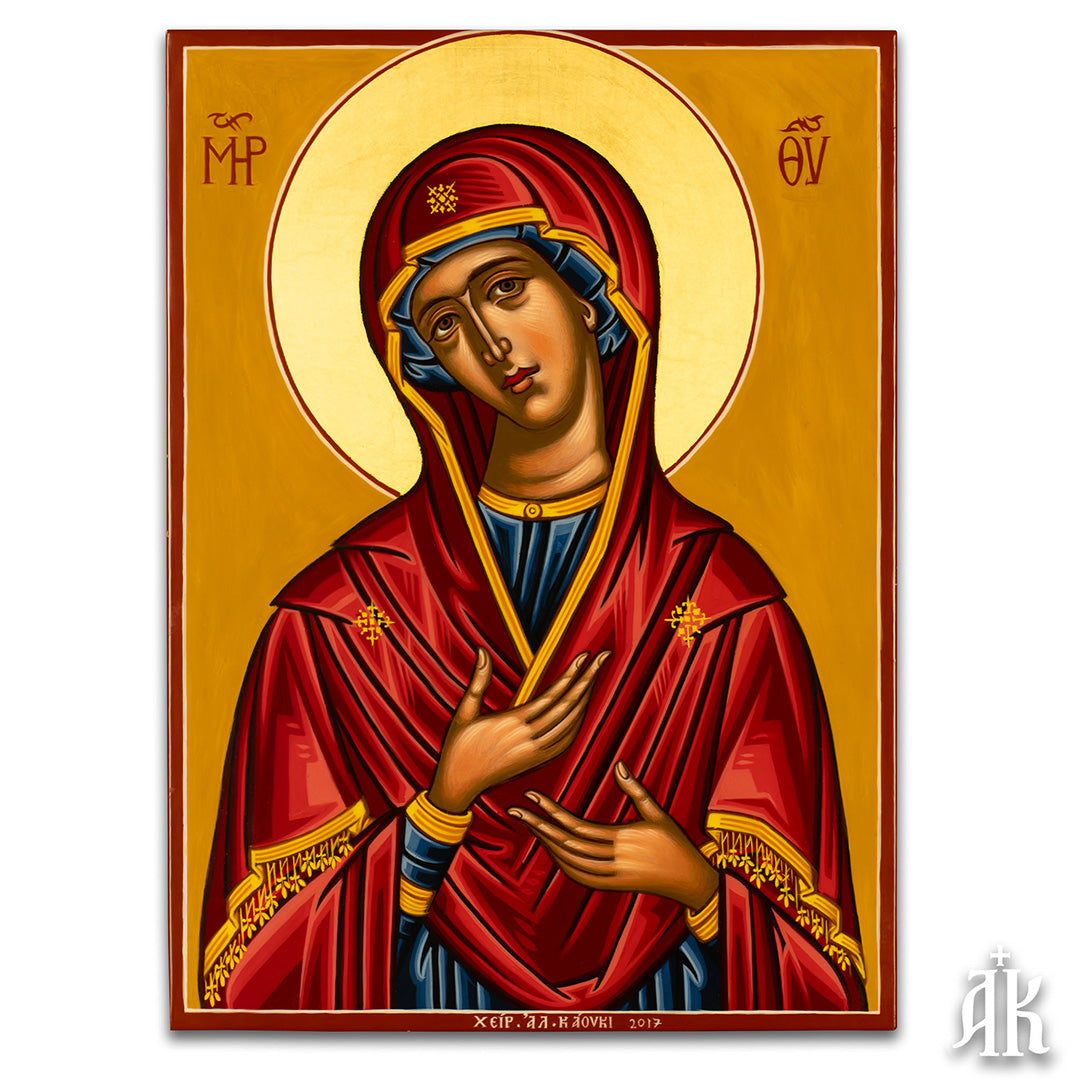 Virgin Mary Theotokos handmade Byzantine icon, representing the Mother of God with grace, protection, and spiritual presence