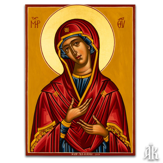 Virgin Mary Theotokos handmade Byzantine icon, representing the Mother of God with grace, protection, and spiritual presence