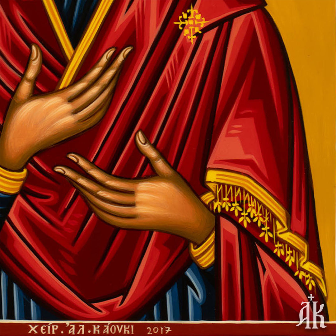 Iconographer signature on Virgin Mary Theotokos handmade Byzantine icon by Alexandra Kaouki, confirming authenticity and craftsmanship